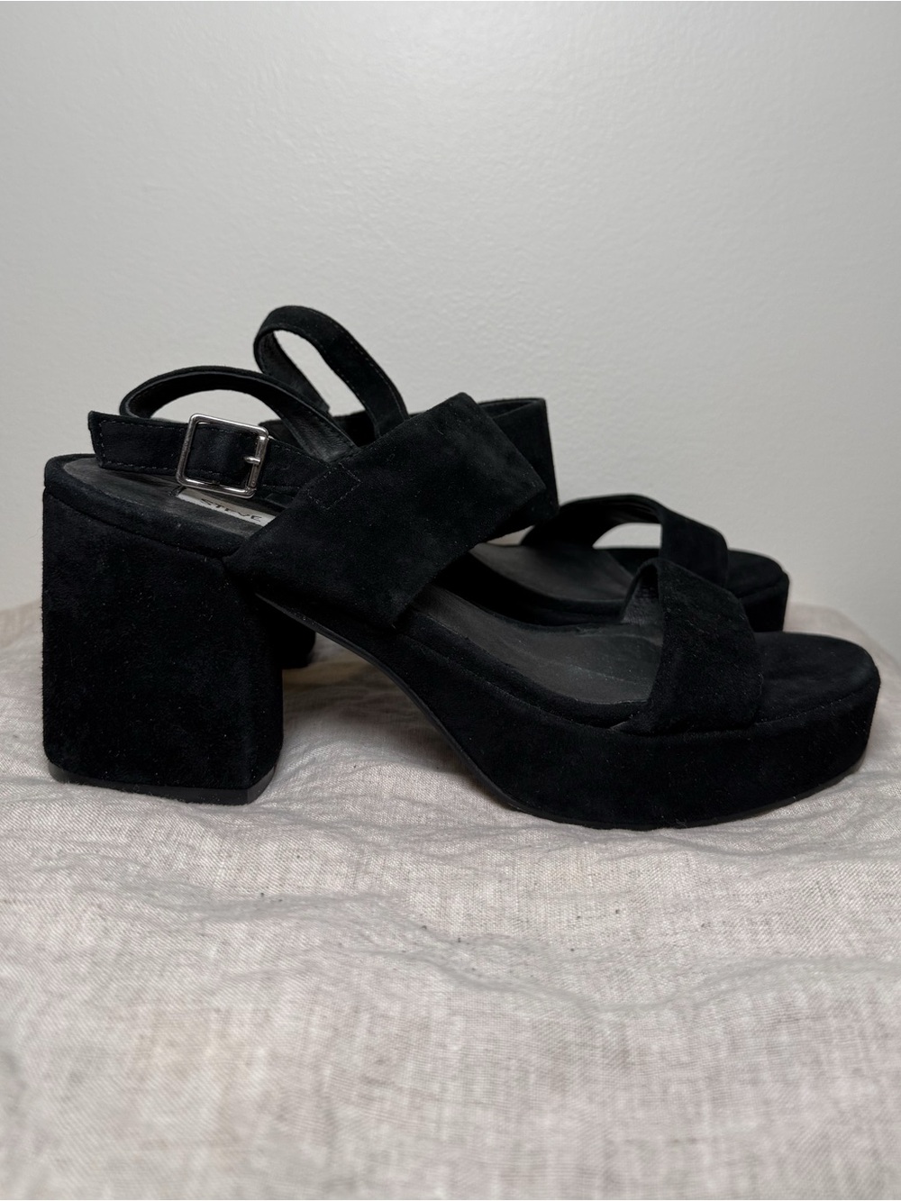 Steve Madden Reba Black Suede Two-Band Slingback Platform Heels - Picture 5 of 6